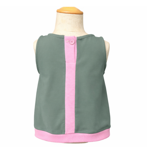 Kid's green tank top with pin stripe down back and across hem. button closure top back of neck. 