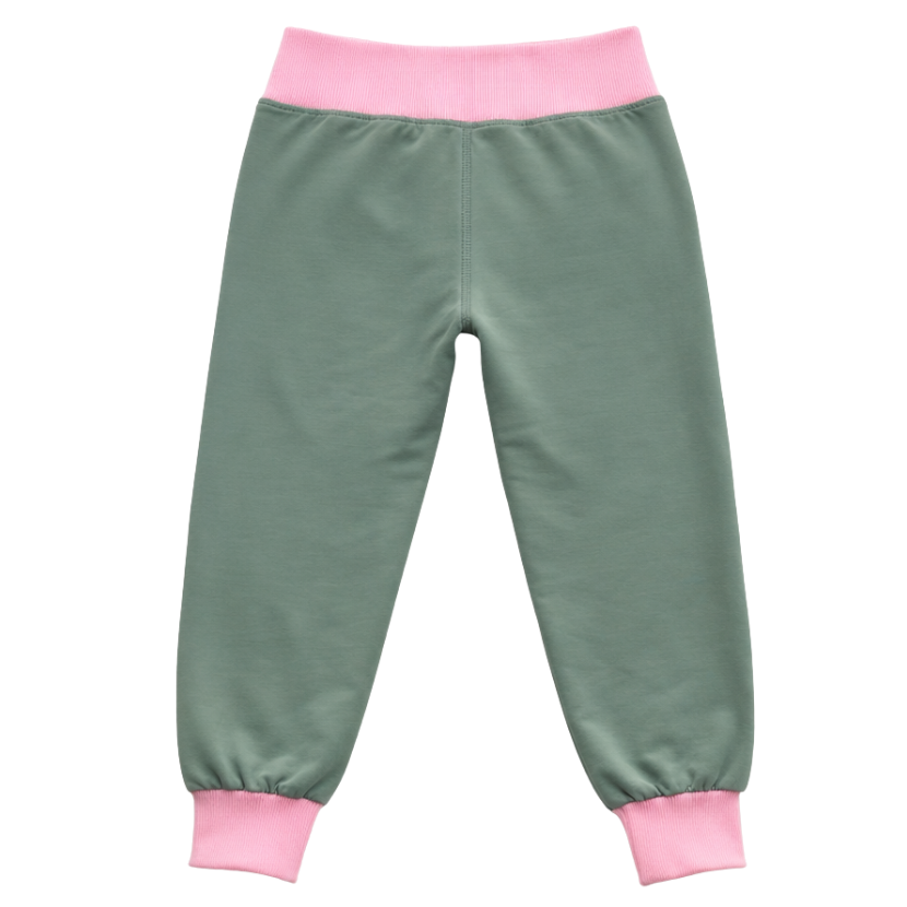 Green and pink girls' jogger pants shown from back on a white background.