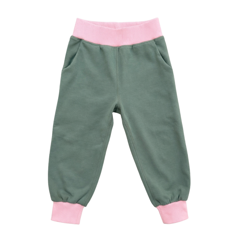 Green children's pants with pink cuffs on a white background