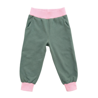 Green children's pants with pink cuffs on a white background