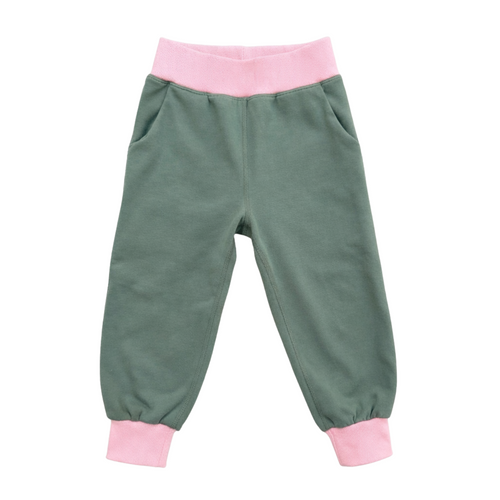 Green children's pants with pink cuffs on a white background