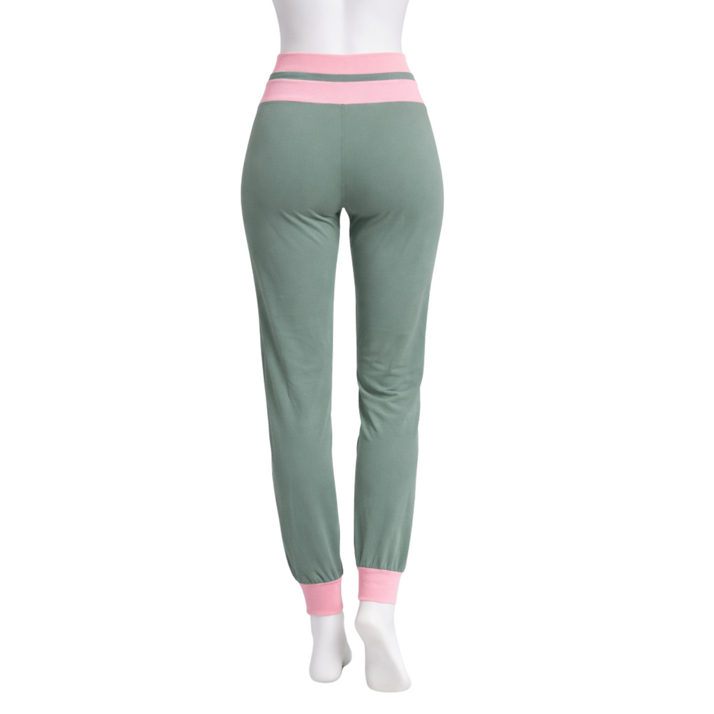 Green jogger pants with pink waistband and cuffs on a white background