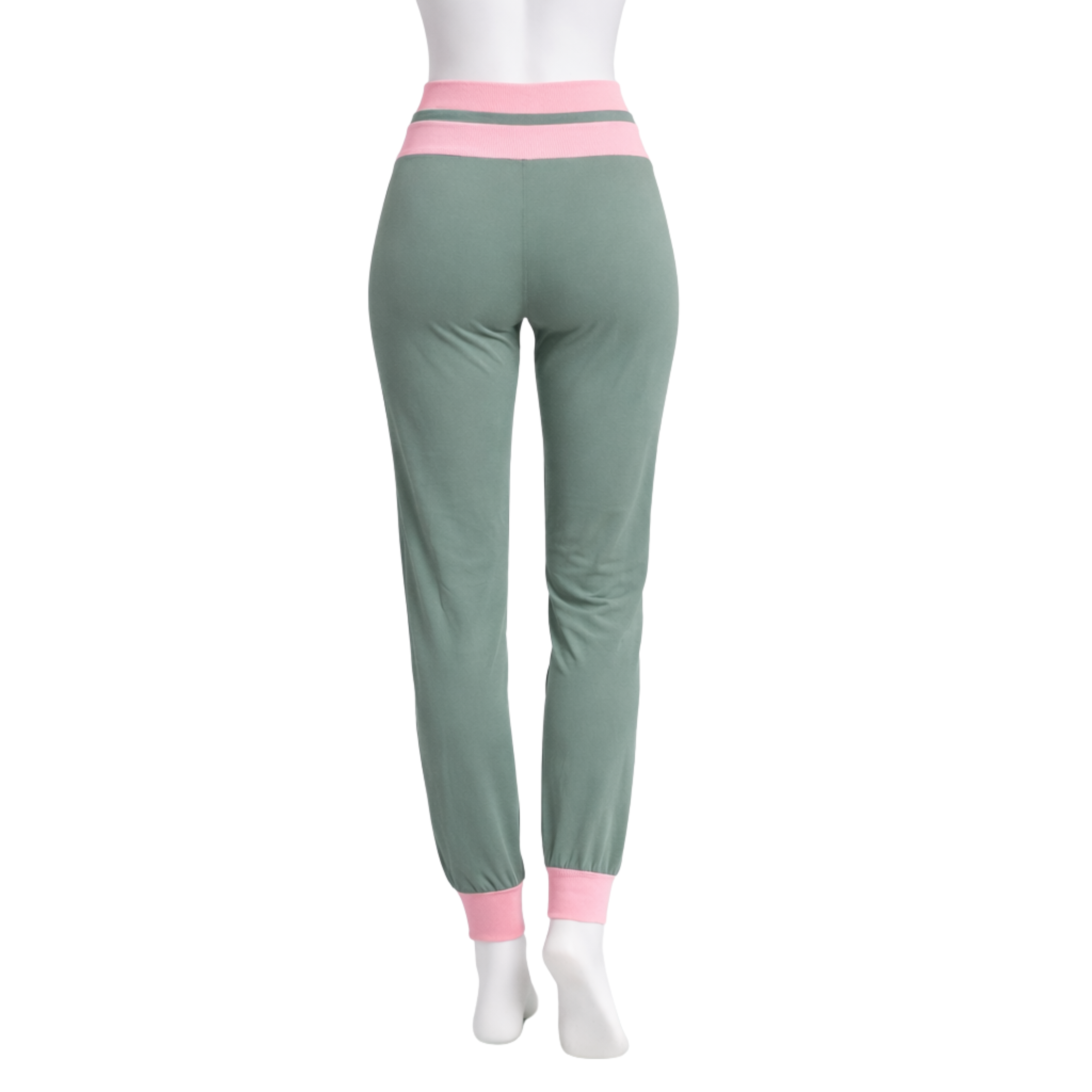 Green jogger pants with pink waistband and cuffs on a white background